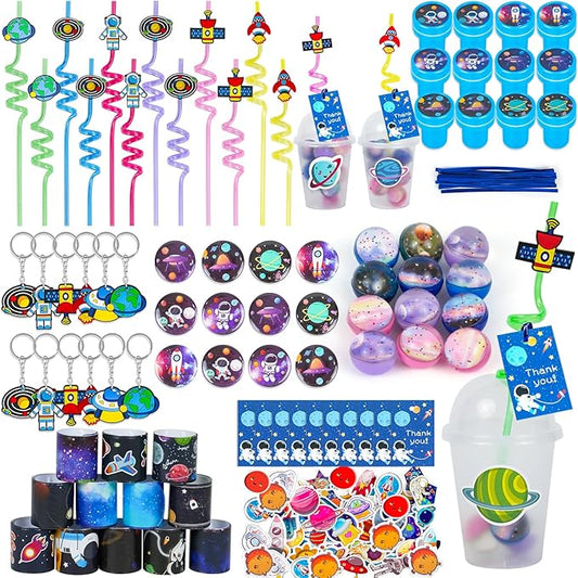 LiYiQ 161 Pcs Space Party Favors with Cup Straws Stress Ball Space Pins Slap Bracelets Keychains Stamps Stickers Twist Ties and Gift Card for Kids Space Birthday Party Supplies (style 1)
