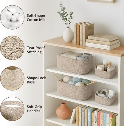 5-Pack Small Woven Rope Storage Baskets – 2 Sizes Organizer Bins for Closet, Shelf, Bookshelf, Nursery, Changing Table, Fabric Cube Boxes, Rectangular Shallow Bins for Bathroom, Toy & Home