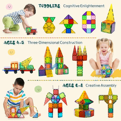 EchoPlan 130 PCS Magnetic Tiles,Magnetic Building Blocks with 2 Cars,Magnet Tiles 3D Clear Construction STEM Preschool Sensory Educational Toys Set for Kids Toddlers Boys 3 4 5 6 7 8 9+ Year Old