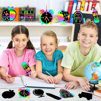 JULMELON 36 PCS Welcome Back to School Scratch Art for Kids, Back to School Crafts for Kids Rainbow Magic Scratch Paper Cards First Day of School Gifts for Students Classroom DIY Crafts Party Favors