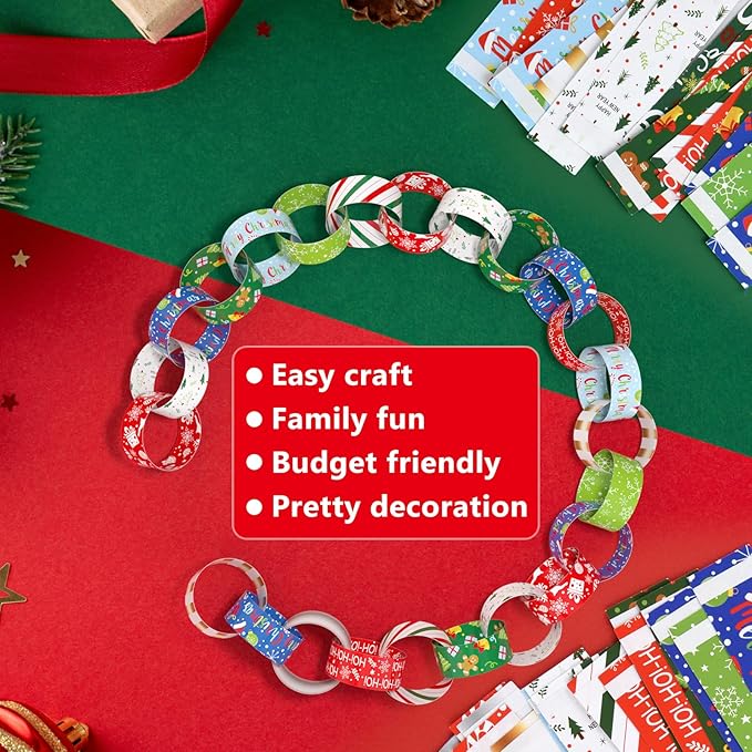 CHRORINE 600 Pcs Merry Christmas Pattern Paper Chain for Holiday Themed Party Decorations DIY Crafts Supplies (Christmas Colors, 1 x 7.08 inches)