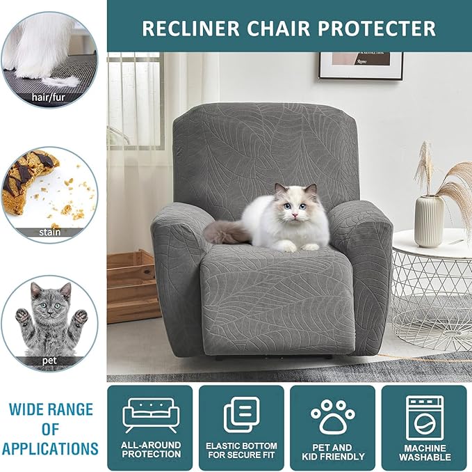 NILUOH Stretch Recliner Chair Cover 4-Pieces Recliner Covers for Large Recliner Jacquard Lazy Boy Chair Covers Soft Reclining Chair Cover Furniture Protector with Elastic Bottom (Leaf Dark Grey)