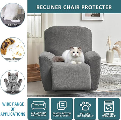 NILUOH Stretch Recliner Chair Cover 4-Pieces Recliner Covers for Large Recliner Jacquard Lazy Boy Chair Covers Soft Reclining Chair Cover Furniture Protector with Elastic Bottom (Leaf Dark Grey)