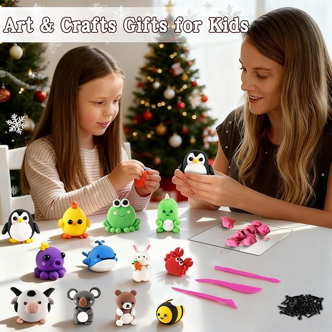 Christmas Air Dry Modeling Clay for Kids, Polymer Clay Kit Super Light & Soft DIY Play Dough Animals Crafts Set, Creatibles Art and Crafts Valentine's Day Christmas Gifts for Beginners Kids Boys Girls