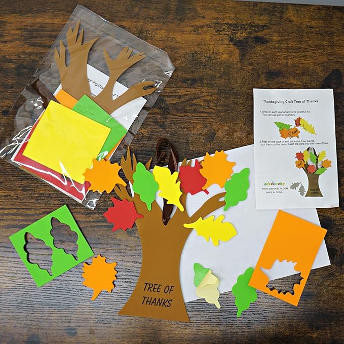 4E's Novelty Thankful Tree Craft Kit 12-Pack, Foam, Self-Adhesive - 11” Tree of Thanks, Thanksgiving Tree Craft, Ideal for Fall Crafts for Kids 4-8, Perfect Gratitude Tree Kit with Leaves to Write On