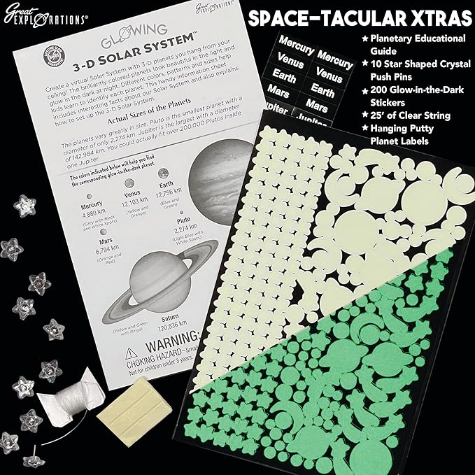 Great Explorations | 3-D Solar System Glow In The Dark Ceiling Hanging Kit 3D Planets and Star Stickers Create the Milky Way Teach Science STEM