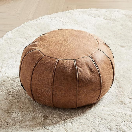 Louis Donné Unstuffed Moroccan Ottoman Pouf Cover with Waterproof Handmade Faux Decor Storage Solution for Kid Toy Footstool Pouffe Cover Replacement Balcony Indoor 21dia Chestnut Brown, ONLY Cover