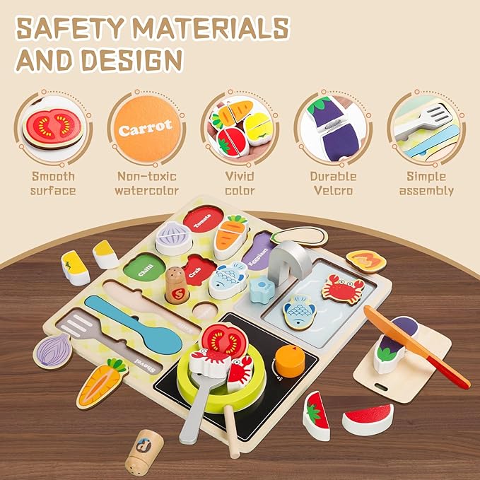 Wooden Toddler Kitchen Toy Set simulates Cooking, Chopping, stir-Frying, Food Shape Matching Games Toddler Kitchen Set for Boys and Girls Ages 3, 4, 5, 6，Gift for Kids