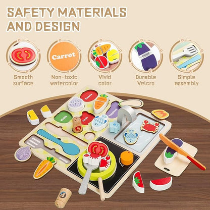 Wooden Toddler Kitchen Toy Set simulates Cooking, Chopping, stir-Frying, Food Shape Matching Games Toddler Kitchen Set for Boys and Girls Ages 3, 4, 5, 6，Gift for Kids