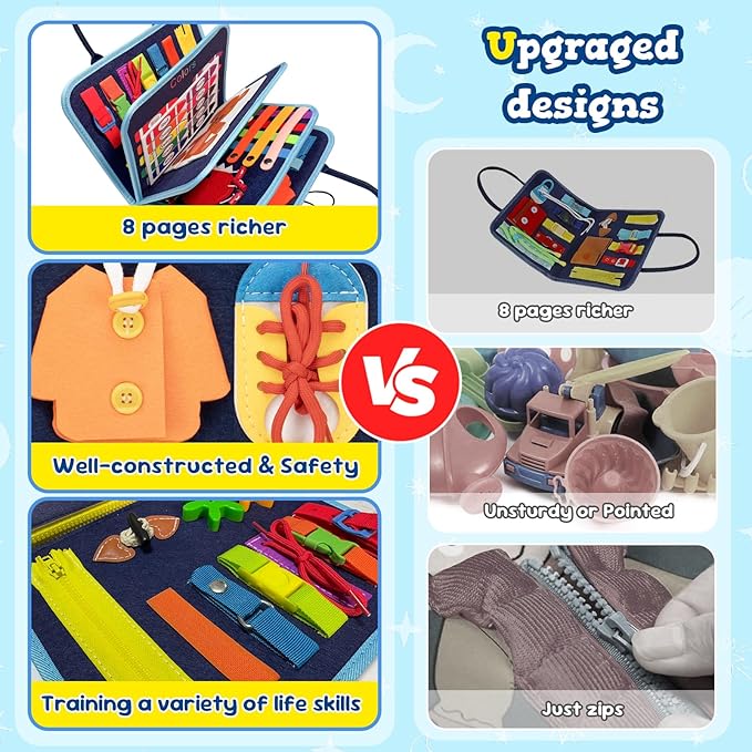 Toddler Busy Board Book Montessori Toys,Sensory Book Educational Activities for Learning Fine Motor Skills, Quiet Travel Essentials for Airplane & Car, Birthday Gift for Boys Girls Toddlers