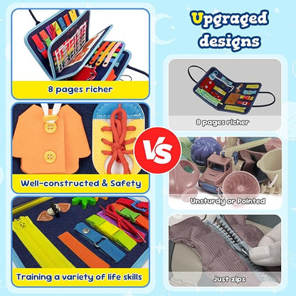 Toddler Busy Board Book Montessori Toys,Sensory Book Educational Activities for Learning Fine Motor Skills, Quiet Travel Essentials for Airplane & Car, Birthday Gift for Boys Girls Toddlers