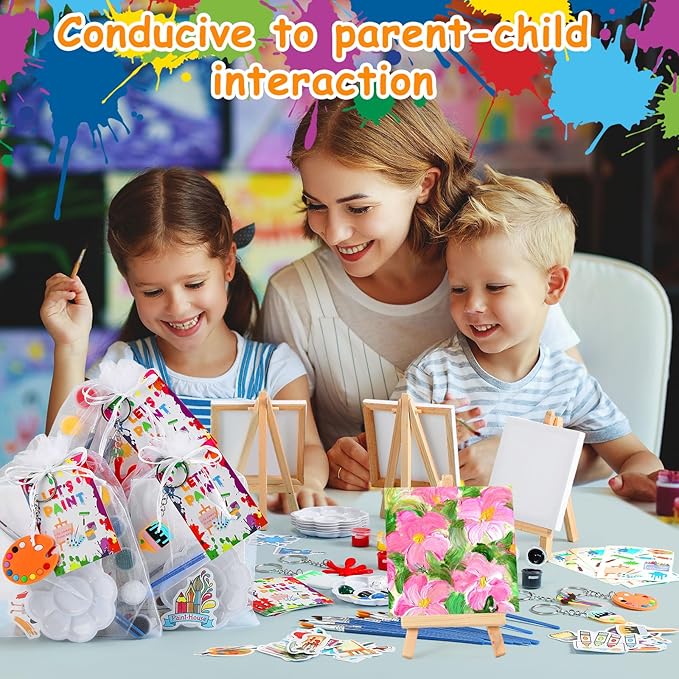 HyDren Paint Party Favors Include Mini Watercolor Paint Set Small Painting Canvas with Easel Palette Brush Paint Stickers Tattoo Sticker Keychain for Class Birthday Art Party(Novel Style,222 Pcs)
