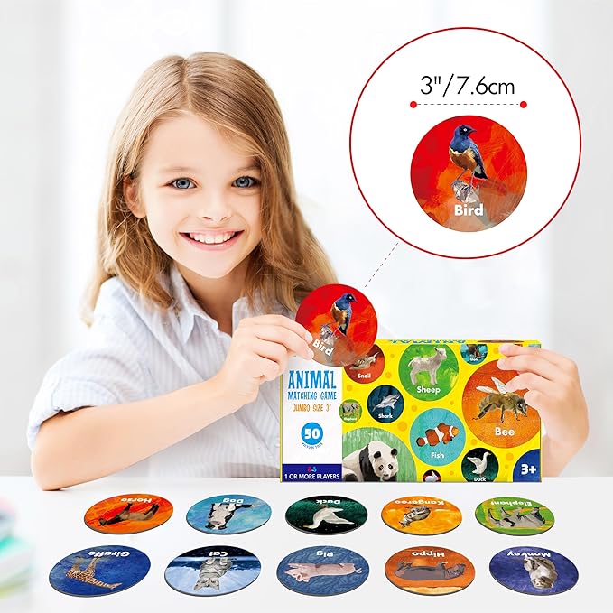 Realistic Animal Matching Game, 50 PCS Round Animal Memory Matching Cards for Toddlers 25 Pairs Real Animal Memory Cards Educational Toys for Preschool Boys & Girls 4 5 6 Years Old