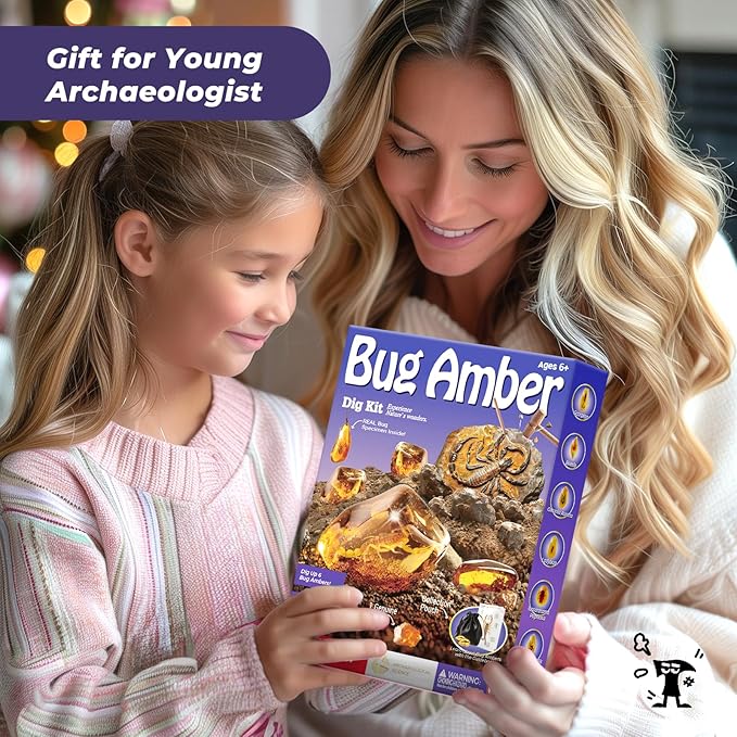 EDUMAN Amber Dig Kit - 6 Artificial Insect Resin Specimens, Bugs Fossil Excavation Set with Natural Amber, STEM Inspired Educational Toy for Kids Ages 6-12, for Boys & Girls