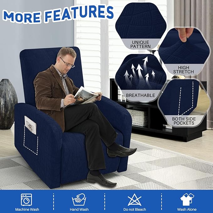 MAXIJIN Waterproof Small Recliner Chair Covers 3 Pieces Recliner Cover That Stay in Place, Lazy Boy Recliner Slipcovers with Pockets Reclining Protector for Pet (Small Recliner, Navy Blue)