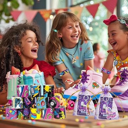 122 PCS Roller Skate Party Favors Skating Party Supplies with Key Chains Button Pins Stickers Rubber Bracelets for Hip Hop Disco 80s 90s Themed Party (style 2)