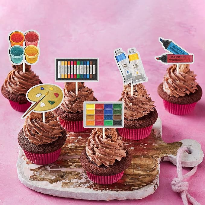 Art Palette Cupcake Toppers,Painting Themed Happy Birthday Party Decor, Artist Palette Graffi Paint Brush Boy Girl Party Decorations Supplies,Rainbow Glitter Set of 18
