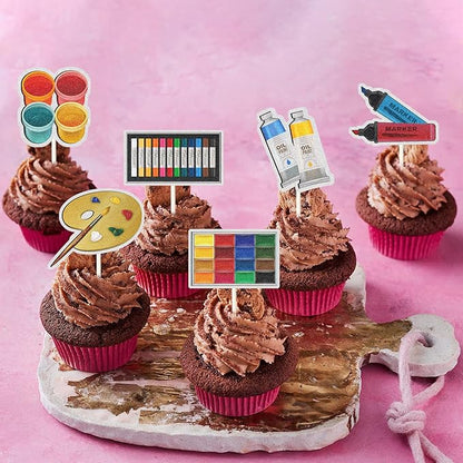 Art Palette Cupcake Toppers,Painting Themed Happy Birthday Party Decor, Artist Palette Graffi Paint Brush Boy Girl Party Decorations Supplies,Rainbow Glitter Set of 18