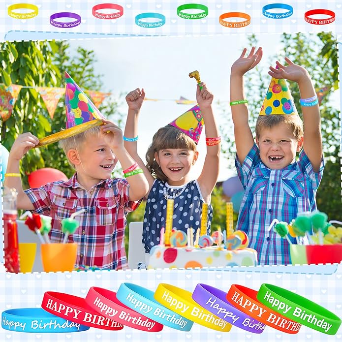 Sratte 120 Pcs Happy Birthday Rubber Bracelets for Kids Stretch Wristbands Bulk Birthday Bracelets for Classroom Student Back to School Gift Teacher Birthday Party Favors Supplies