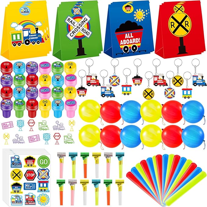 Lenwen 252 Pcs Train Party Favors Train Birthday Party Supplies Train Candy Bags Punch Balloons Stamps Stickers Train Slap Bracelets Keychain Noisemakers for Boy Kids Train Birthday Party Supplies