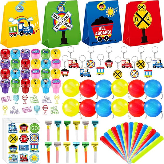 Lenwen 252 Pcs Train Party Favors Train Birthday Party Supplies Train Candy Bags Punch Balloons Stamps Stickers Train Slap Bracelets Keychain Noisemakers for Boy Kids Train Birthday Party Supplies