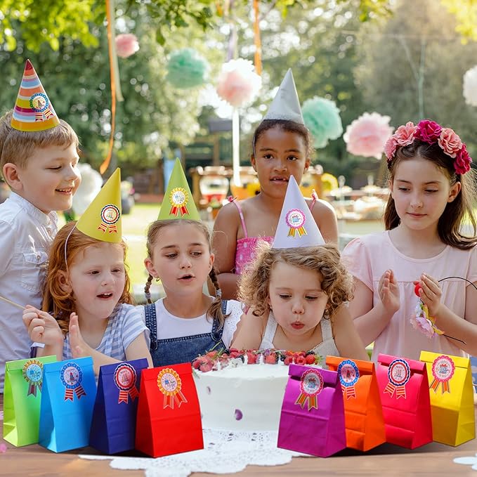 Leinuosen 248 Pcs School Supplies for Kids Classroom Include 200 Happy Birthday Badge Stickers Roll 24 Birthday Bracelets and 24 Rainbow Paper Gift Bag for Teacher Student School Decor (Bright Color)