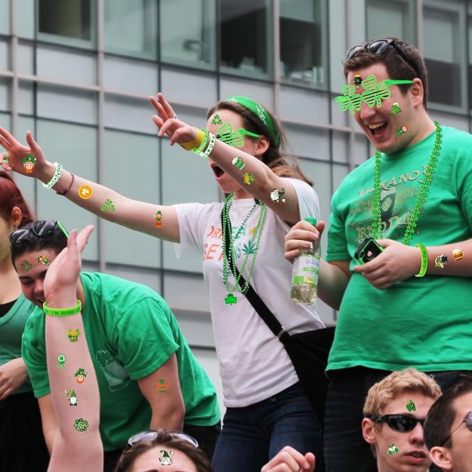 140PCS St Patricks Day Accessories, St. Patrick's Day Glasses Bracelets Tattoos Beads, Irish Glasses Bracelets Tattoos Beads Stuff Bulk, Shamrock Saint Patricks Parade Throw Party Favor Decorations