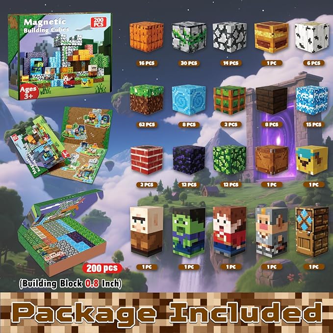200 PCS Magnetic Blocks - Magnetic Building Blocks Cubes Adventurer, Magnet Toys for Kids Age 3+, Toy Building Set for Kids, Magnets Construction Easter Birthday Gifts for Boys Girls Age 4-8, 8-12