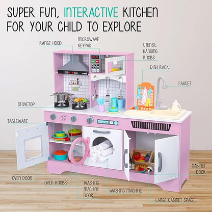 Lil' Jumbl Kids Wooden Pink Color Kitchen Set, Pretend Working Sink with Real Running Water, Includes Range Hood, Microwave & Stove Top That Make Realistic Sound & Light, Full Accessory Set Included