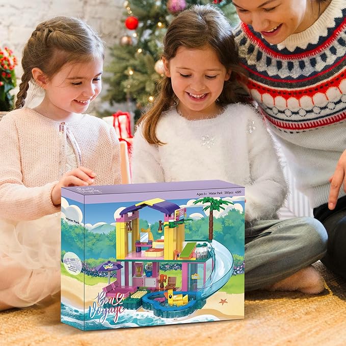 Dream Girls Friends Beach House Building Set 380 PCS Seaside Beach Villa Swimming Pool House with Slide Building Toys Summer Vacation Party Room Dream House Building Kits Gifts for Kids Girls 6-8-12
