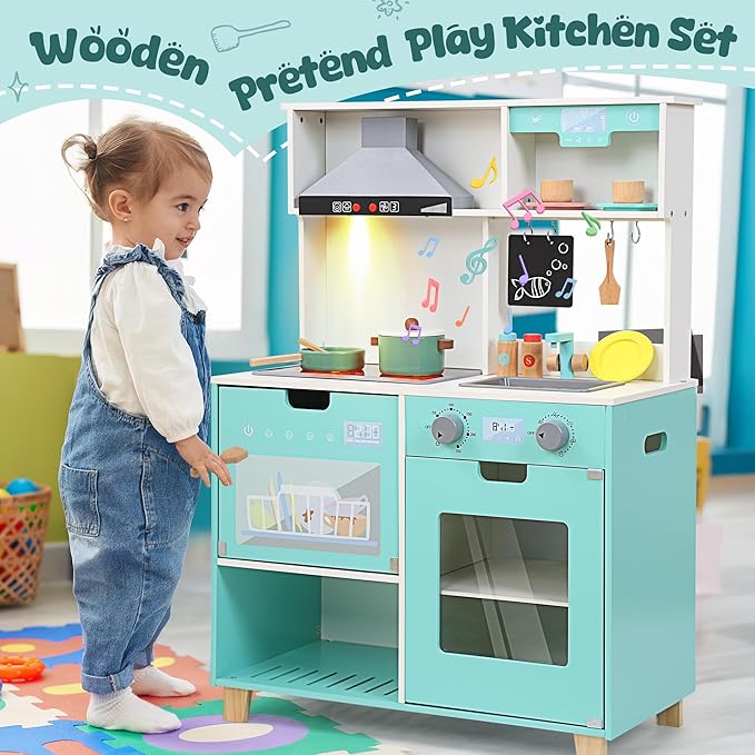 CUTE STONE Play Kitchen for Kids, Wooden Kitchen Playset with Real Lights & Sounds, Toy Kitchen Set with Cookware Accessories, Chef Pretend Play Kitchen Set for Toddlers Girls Boys