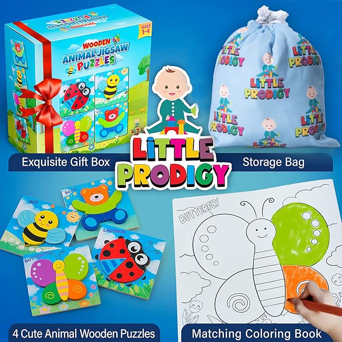 Wooden Puzzles for Toddlers 1-3 Girls & Boys, Sensory Toys, Educational Learning Toys: 4 Puzzles Ages 1-3, Gift Box, Storage Bag, Matching Coloring Book, Animals Puzzle for Toddlers Set of 4