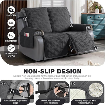 TAOCOCO 100% Waterproof Oversized Loveseat Recliner Cover, Non Slip Split Loveseat Covers for Reclining Loveseat with Elastic Straps for Kids Pets(Oversized 2 Seater, Charcoal Gray)