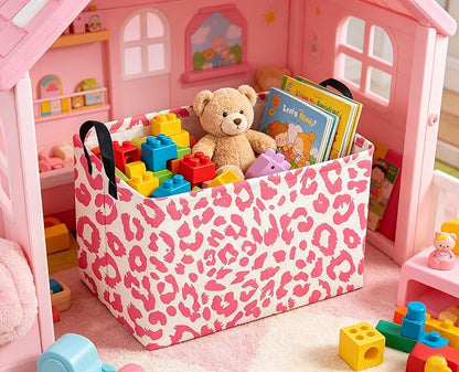 Sanjiaofeng Rectangular Kids Baskets,Leopard Print Basket,Pink Storage Basket with Handles,Waterproof Collapsible Storage Bin for Kids,Kid Room Decor,Books Box,Gift Basket(Leopard Print)