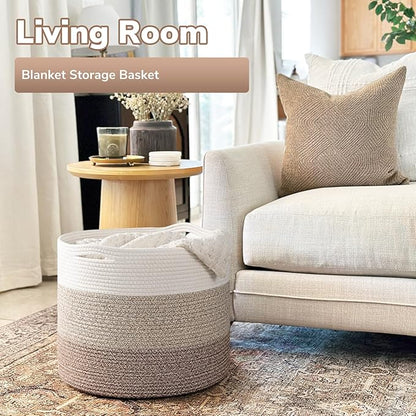 Goodpick Large Woven Basket, Blanket Basket Living Room 15.8"x15.8"x13.8", Woven Storage Bin for Baby Laundry, Light & Brown