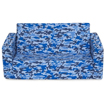 Delta Children Cozee 2-in-1 Extra Wide Convertible Sofa to Lounger-Comfy Flip Open Couch/Sleeper for Kids, Blue Camo