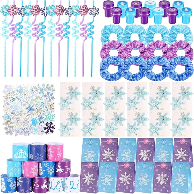 LiYiQ 122Pcs Winter Snow Themed Party Favors with Drinking Straws Slap Bracelets Stamps Stickers Hair Clip Hair Scrunchies Gift Bags for Kids Girls Snowflake Party Favors Baby Shower Party Supplies