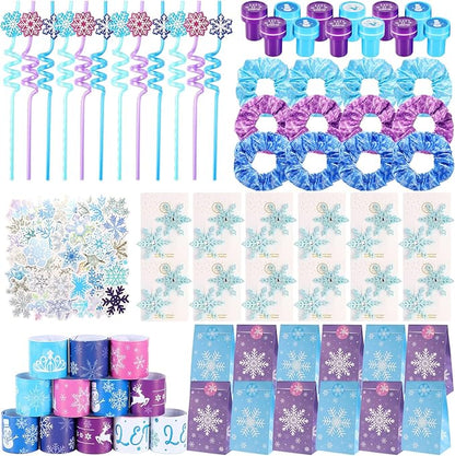 LiYiQ 122Pcs Winter Snow Themed Party Favors with Drinking Straws Slap Bracelets Stamps Stickers Hair Clip Hair Scrunchies Gift Bags for Kids Girls Snowflake Party Favors Baby Shower Party Supplies