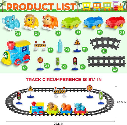 Train Set for Toddlers w/Steam, Music & Lights - Electric Train Toy for Kids with Tracks Accessories, Includes 3 Animals Car : Lion Gorilla and Elephant, Best Gifts for 1-3 4 5 6+ Years Old Boys Girls