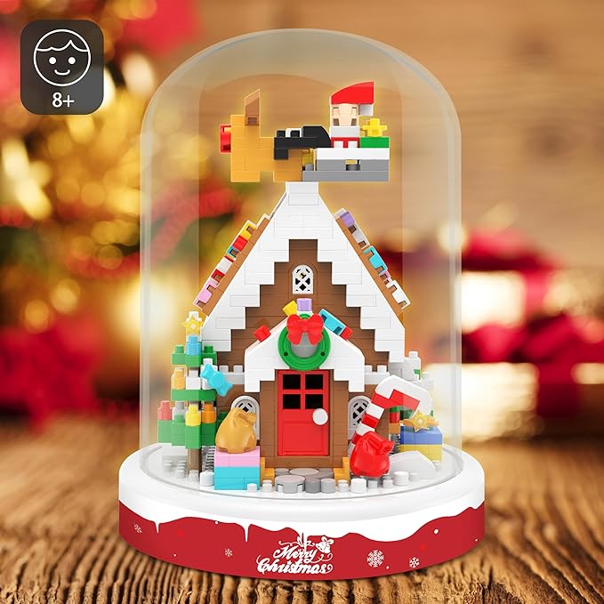Christmas Gingerbread House Building Blocks Toy, 571 Pcs Building Sets Christmas Decoration with Dust Cover, Mini Building Kit, Holiday Display Gift for Christmas, Stocking Stuffers for Kids Adults
