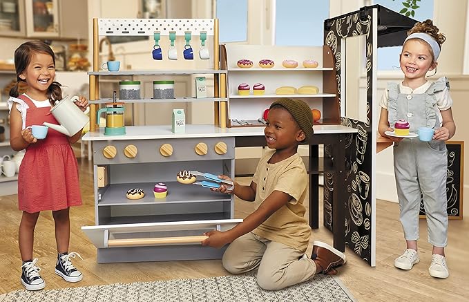 Little Tikes Real Wood Café & Bakery Exclusive Wooden Play Kitchen with Realistic Lights Sounds and Dual-Sided, 20+ Accessories Set- Gift for Kids, Toy for Girls Boys Ages 3 4 5+ Years