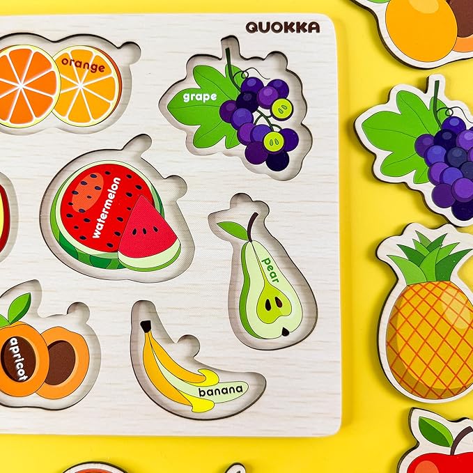 QUOKKA Wooden Puzzles for Toddlers 1-2 – 4 Set Pegged Puzzles for Kids Ages 1-2 – Fruits Learning Toy for Kids – Gift Realistic Educational Game for Boy and Girl