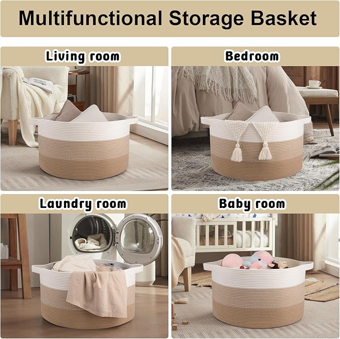 OIAHOMY 90L Blanket Basket for Living Room, Large Basket 23" x 23" x 13" with Handle, Laundry Hamper for Blankets, Pillows, Toy Storage for Kids, Dogs - Gardient Light Brown