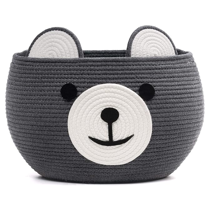 CherryNow Cotton Rope Baby Cute Storage Basket for Organizing, Toy Woven Rope Bear Basket for Kids, Empty Gift Baskets with Handles, Grey, 15.7" D x 10.5" H