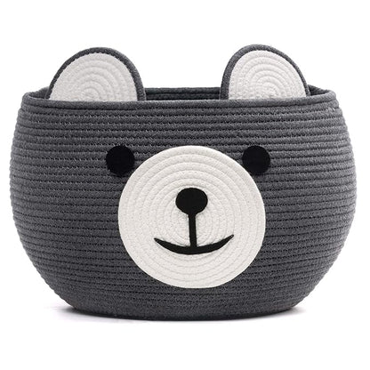 CherryNow Cotton Rope Baby Cute Storage Basket for Organizing, Toy Woven Rope Bear Basket for Kids, Empty Gift Baskets with Handles, Grey, 15.7" D x 10.5" H