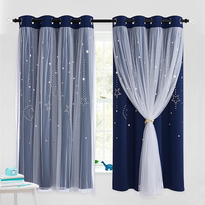 NICETOWN Kids Curtains, Navy Romantic Moon and Stars Double Layer Curtains Blackout Grommet Drapes for Kids Teenagers Bedroom Small Window for Thanksgiving, 2PCs, 52 inches Wide x 63 inches Long