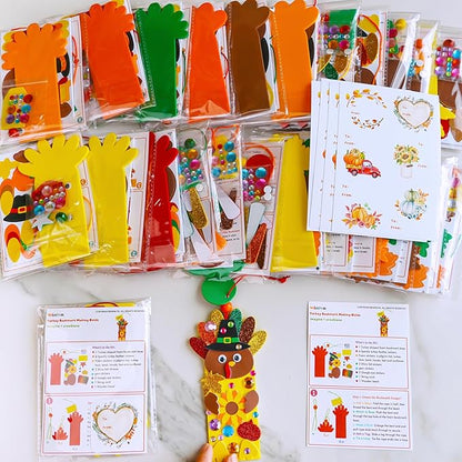 Winlyn 24 Sets Thanksgiving Turkey Craft Kits Fall Kids Crafts DIY Thanksgiving Turkey Bookmarks Art Sets Autumn Leaf Turkey Foam Stickers Arts and Crafts for Kids Party Favors Classroom Activities