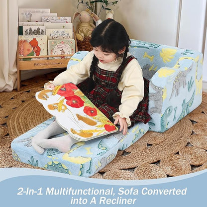 MeMoreCool Glow in The Dark Dinosaur Toddler Couch, Foldable Plush Kids Recliner Chair, Baby Lounge Sofa, Fold Out Couch for Boys Ages 1-3 (Blue)