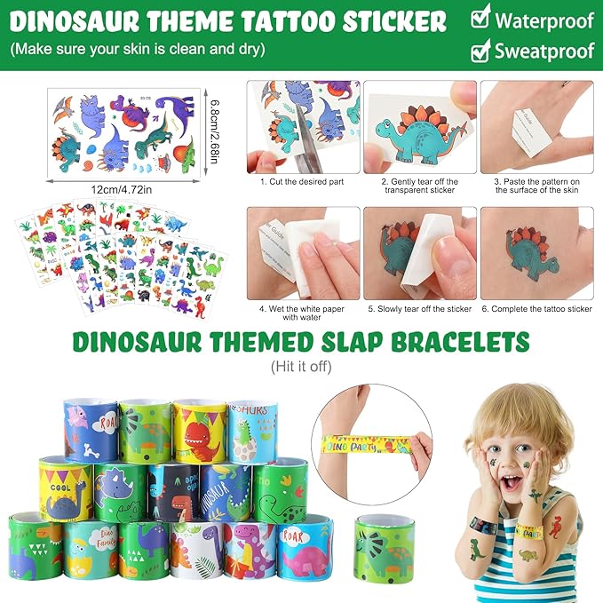 Hungdao 178 Pcs Dinosaur Birthday Party Favors for 16 Kids with Dinosaur Keychain Sticker Stamp Ring Slap Bracelet Tattoo Sticker Gift Bag Tag for Dinosaur Boys and Girls Party Carnival Gift Fillers