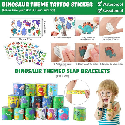Hungdao 178 Pcs Dinosaur Birthday Party Favors for 16 Kids with Dinosaur Keychain Sticker Stamp Ring Slap Bracelet Tattoo Sticker Gift Bag Tag for Dinosaur Boys and Girls Party Carnival Gift Fillers